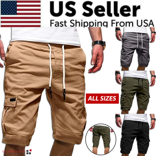 Hombres Casual Chino Cargo Shorts Cintura Elástica Cordón 6 Bolsillos Pantalones De Verano