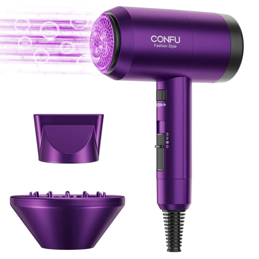 Hair Dryer with Diffuser,CONFU Ionic Blow Dryer 1600W,Portable Lightweight Fast Drying Negative Ion Hairdryer,3 Heat Settings with Diffuser and Concentrator Nozzle for Home & Travel Purple