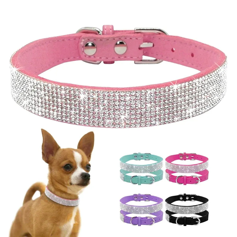 Suede Fiber Crystal Dog Collar Comfortable Glitter Rhinestone Dog Collars Zinc Alloy Buckle Collar for Small Dogs Cats XXS-L