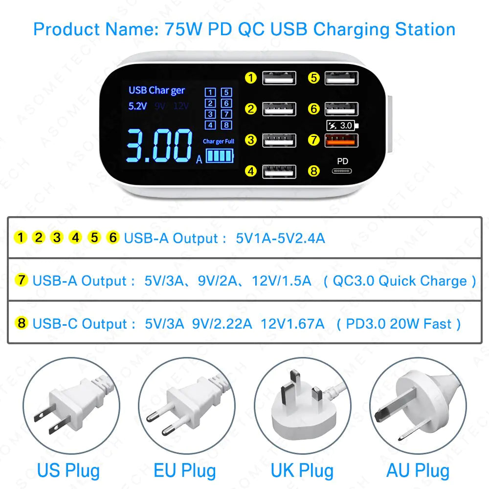 Cargador USB con pantalla LED de 8/4 puertos