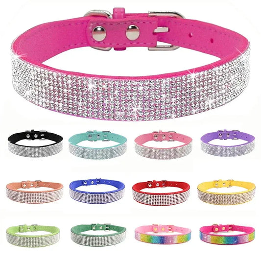 Suede Fiber Crystal Dog Collar Comfortable Glitter Rhinestone Dog Collars Zinc Alloy Buckle Collar for Small Dogs Cats XXS-L